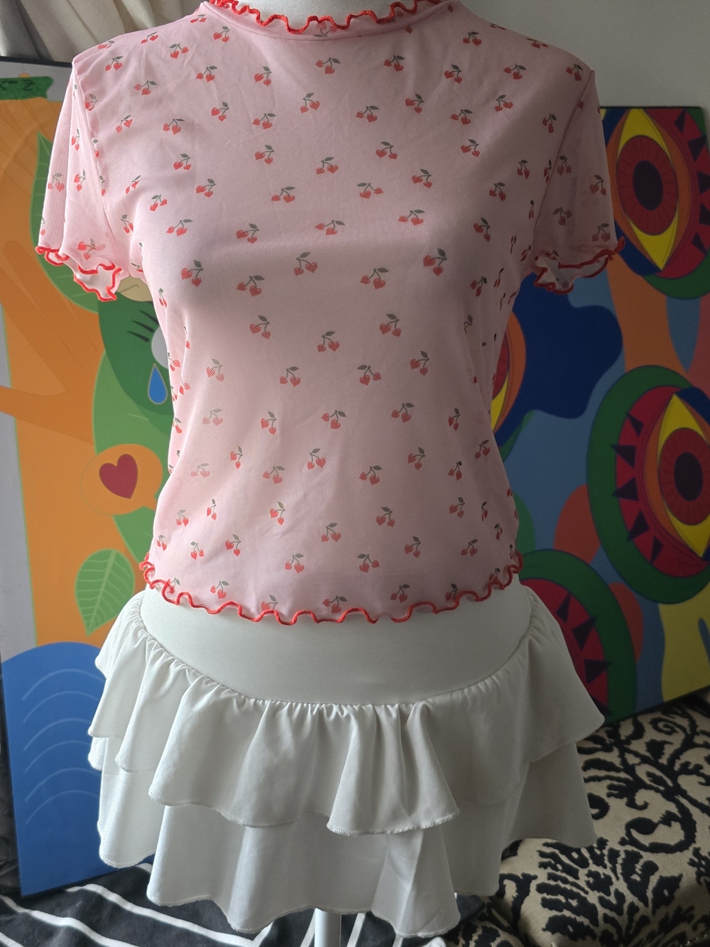 Primark Pink Heart Cherry Mesh Baby Tee XS - Coquette Dollette Aesthetic 🍒